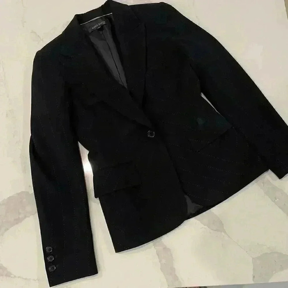 Anne Klein Blazer Jacket Padded Shoulder Asymmetrical Gold Pin Stripes Women's 4 - Picture 2 of 5